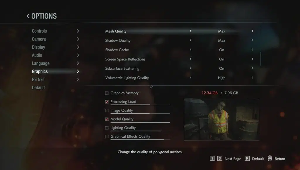 Resident Evil 3 Graphics Menu