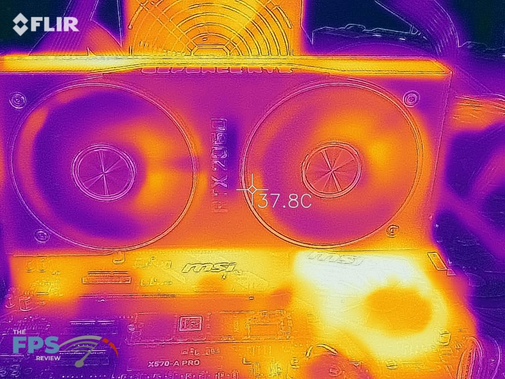 Thermal image of the front of an overclocked GeForce RTX 2060 FE under load