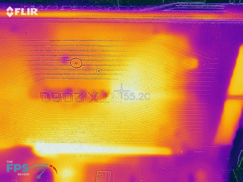 Thermal image of the back of an overclocked GeForce RTX 2060 FE under load
