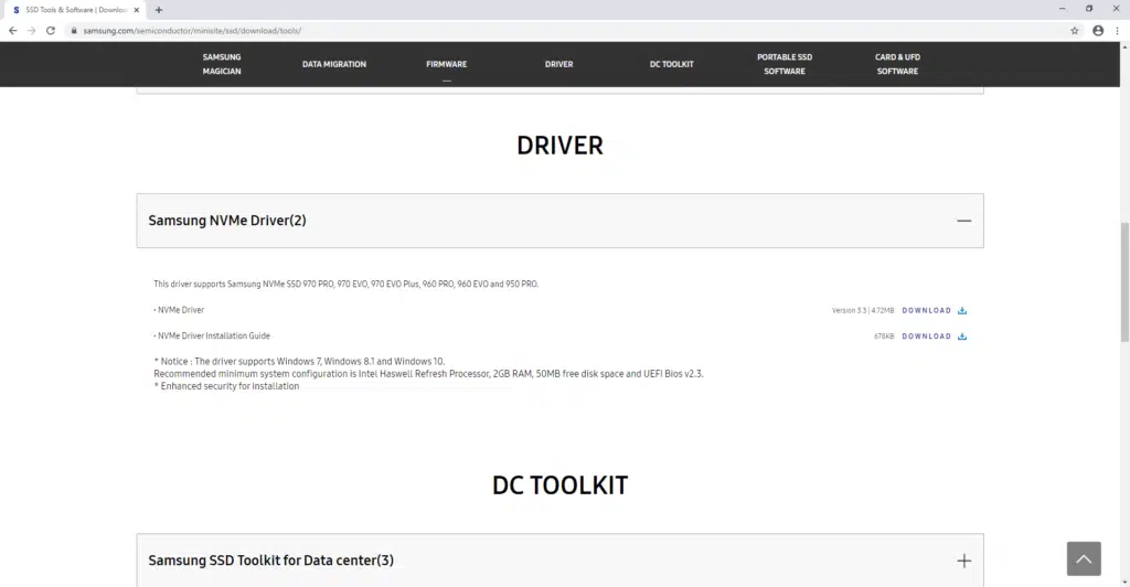 Samsung 970 EVO SSD 1TB Samsung NVMe Driver