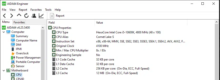 Intel Core i5-10600K Aida64