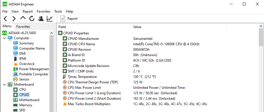 Intel Core i5-10600K Aida64