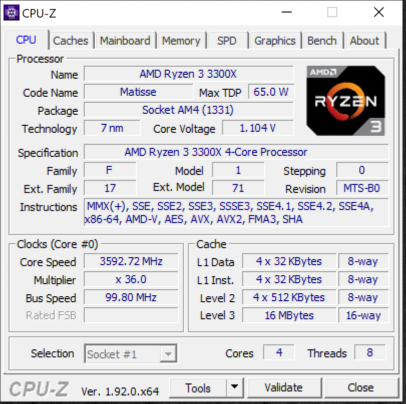 Ryzen 3 3300X CPUz Information