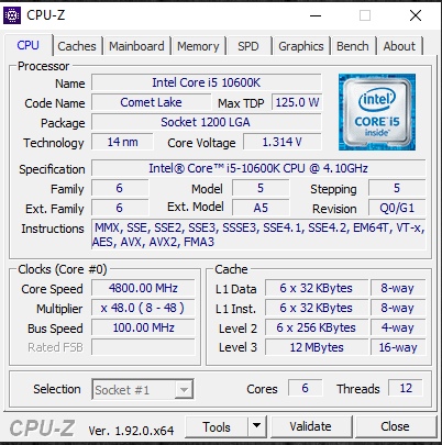 Intel Core i5-10600K CPUz Overclock