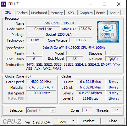 Intel Core i5-10600K CPUz