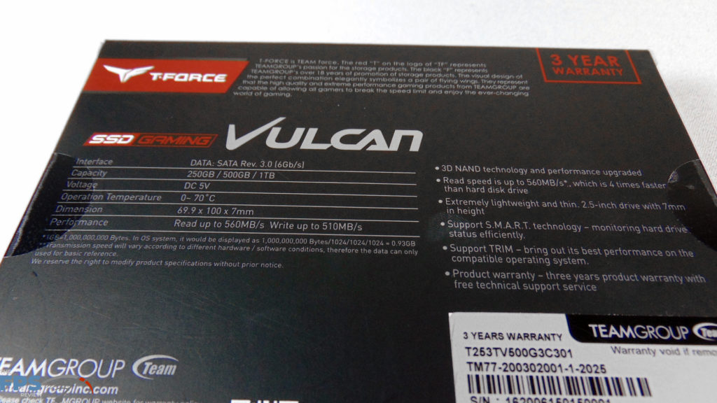 TeamGroup T-Force Vulcan 500GB SSD back of box information