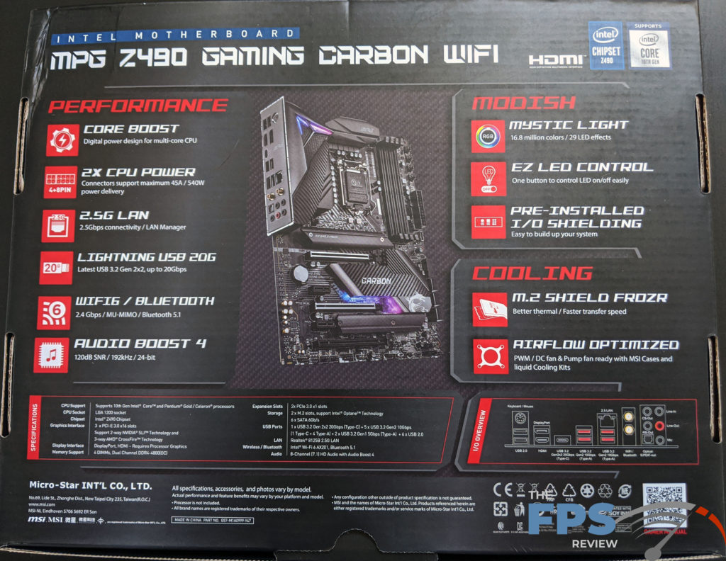 MSI MPG Z490 Gaming Carbon WiFi Motherboard Box