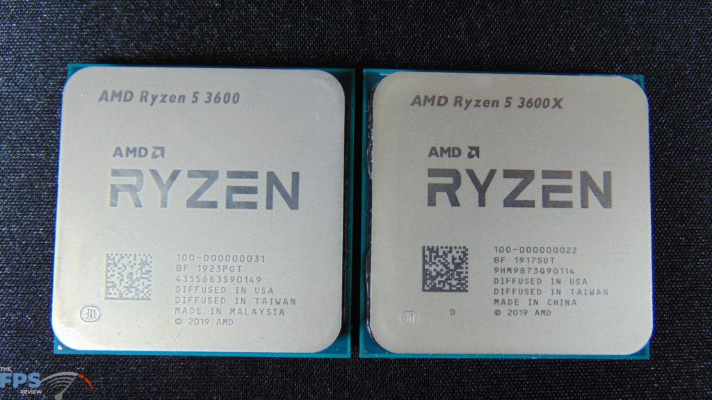 Closeup of AMD Ryzen 5 3600 and AMD Ryzen 5 3600X CPUs front