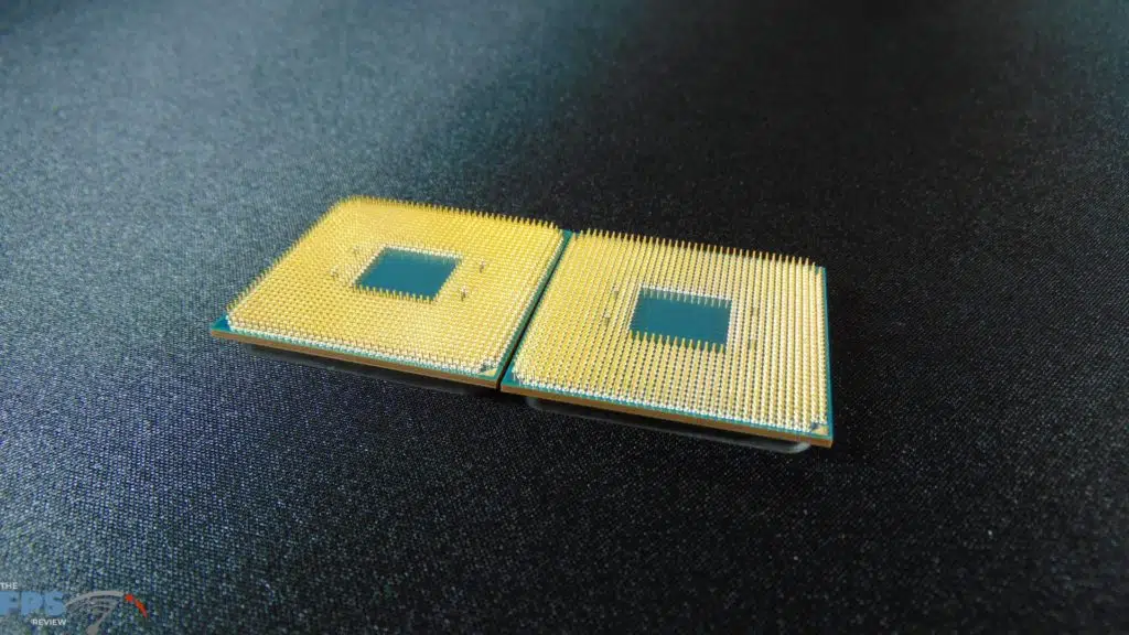 Backside of AMD Ryzen 5 3600 CPU and AMD Ryzen 5 3600X CPU with pins showing