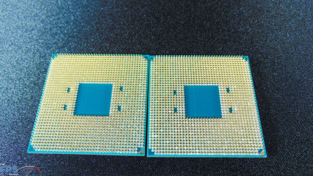 Closeup of back of AMD Ryzen 5 3600 CPU and AMD Ryzen 5 3600X CPU