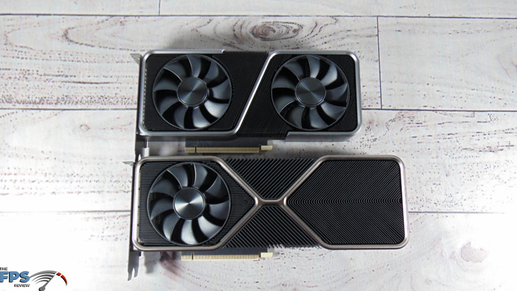 NVIDIA GeForce RTX 3070 Founders Edition and NVIDIA GeForce RTX 3080 Founders Edition on table top down view size comparison
