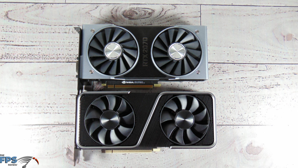 NVIDIA GeForce RTX 3070 Founders Edition and NVIDIA GeForce RTX 2070 Founders Edition on table top down view size comparison