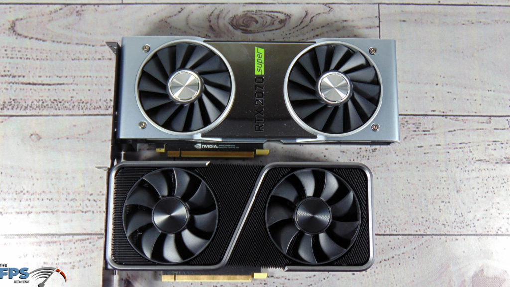 NVIDIA GeForce RTX 3070 Founders Edition and NVIDIA GeForce RTX 2070 SUPER Founders Edition on table top down view size comparison