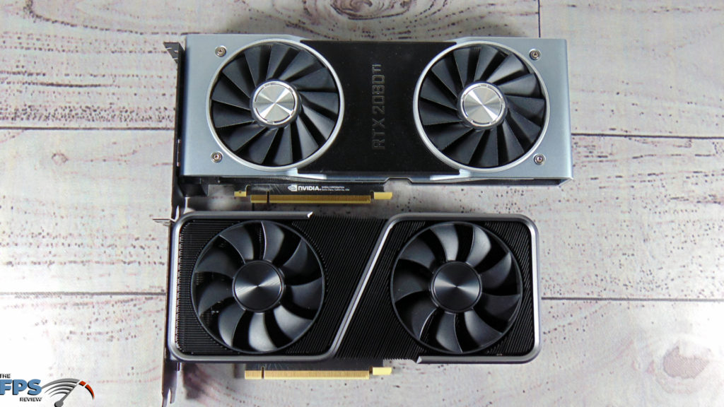 NVIDIA GeForce RTX 3070 Founders Edition and NVIDIA GeForce RTX 2080 Ti Founders Edition on table top down view size comparison