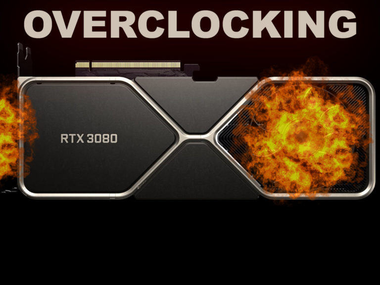 NVIDIA GeForce RTX 3080 Founders Edition Overclocking Featured Image Video Card isolated on black background with flames and title