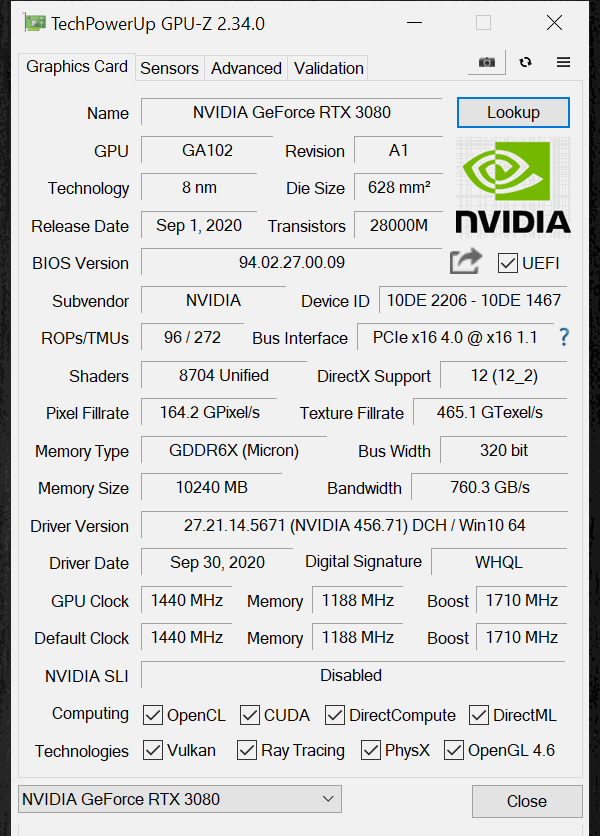 NVIDIA GeForce RTX 3080 FE Overclocking GPUz Default