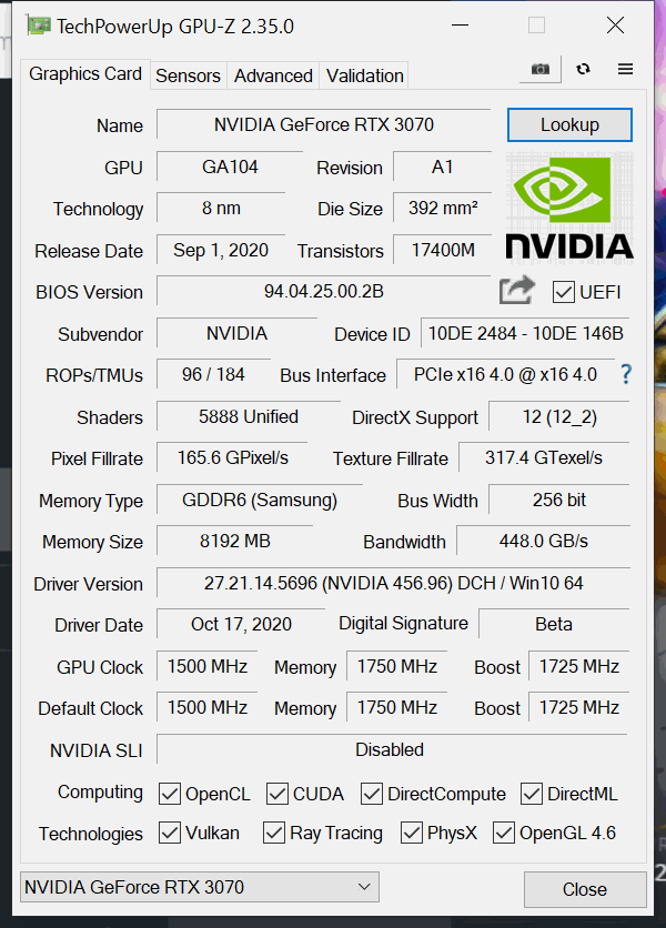 NVIDIA GeForce RTX 3070 Founders Edition GPUz Information