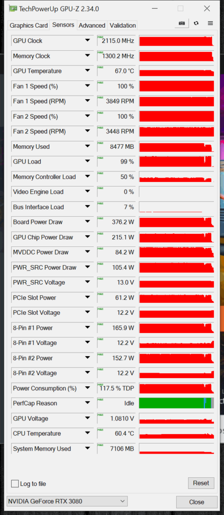 NVIDIA GeForce RTX 3080 FE Overclocking GPUz Sensor Data Overclocked