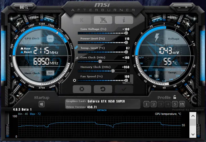 EVGA GeForce GTX 1650 SUPER SC ULTRA Gaming MSI Afterburner Overclock