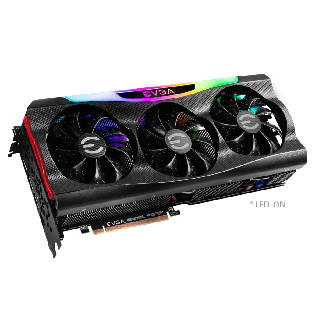 EVGA GeForce RTX 3080 FTW3 ULTRA GAMING front angled LED on