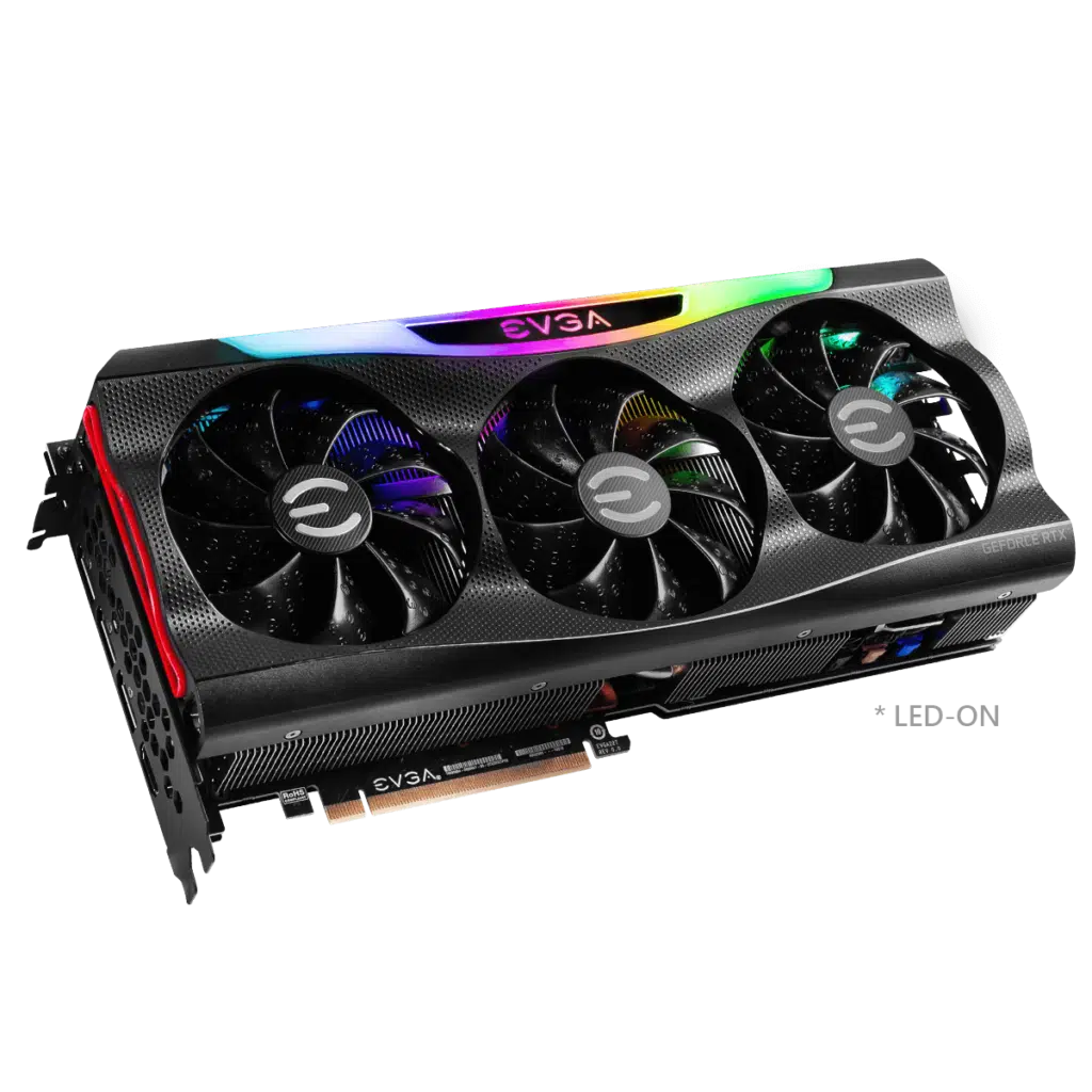 EVGA GeForce RTX 3080 FTW3 ULTRA GAMING front angled LED on