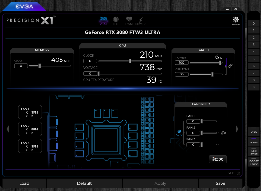 EVGA GeForce RTX 3080 FTW3 ULTRA GAMING Default EVGA Precision X1 Software