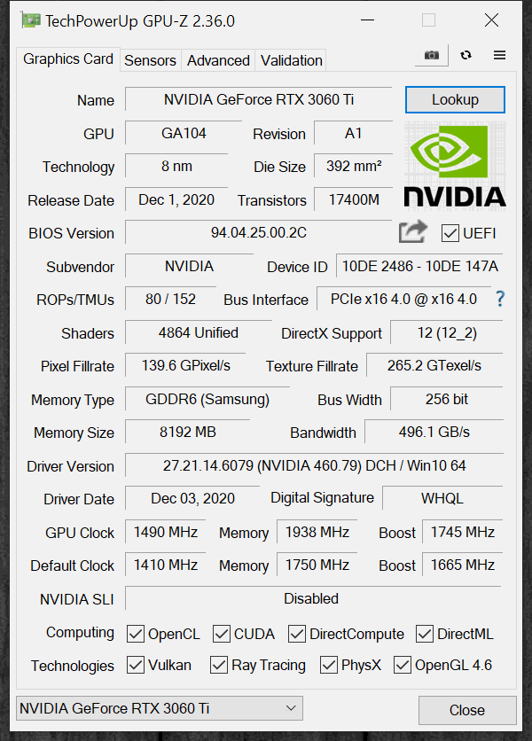 NVIDIA GeForce RTX 3060 Ti FE GPUz Overclocked