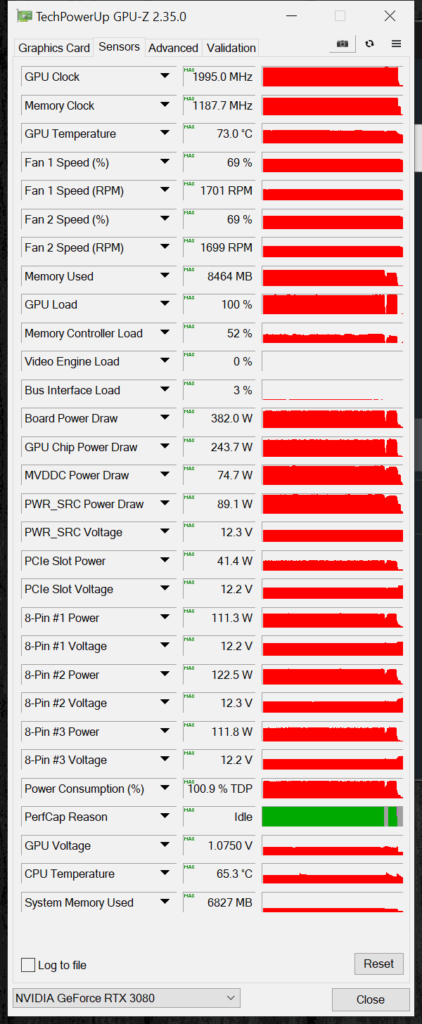 EVGA GeForce RTX 3080 FTW3 ULTRA GAMING Default GPUz Sensor Data