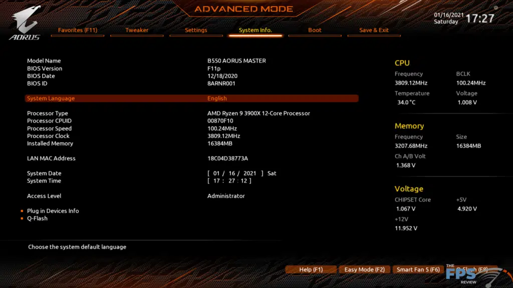 GIGABYTE B550 Aorus Master BIOS Screen