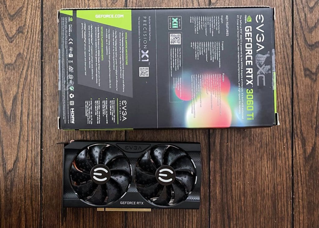 EVGA GeForce RTX 3060 Ti XC GAMING and the rear of the box