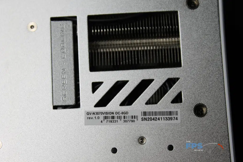 GIGABYTE GeForce RTX 3070 VISION OC 8G Serial Number and Vent View