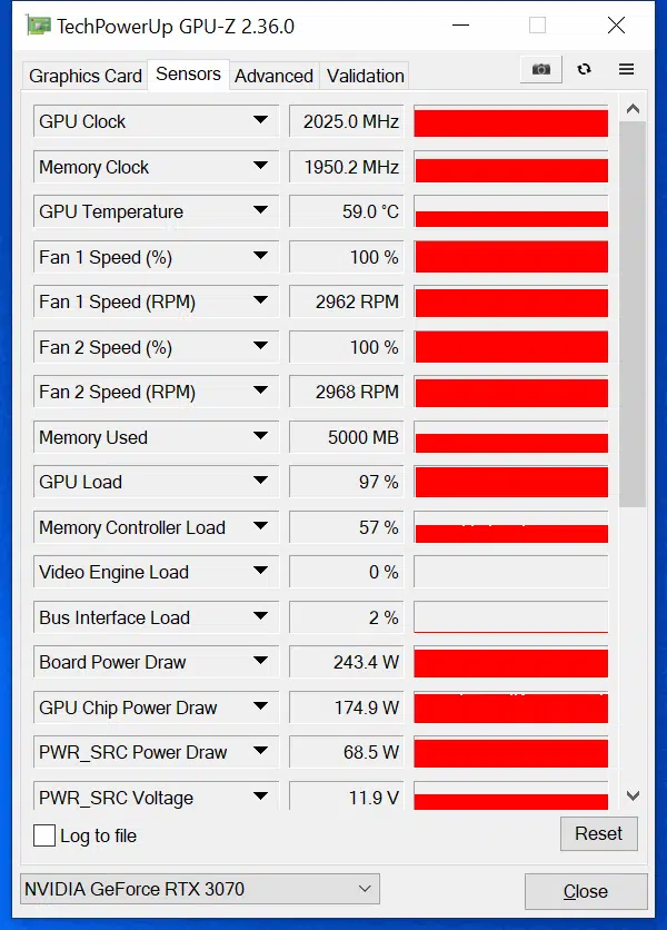 GIGABYTE GeForce RTX 3070 VISION OC Video Card GPUz Sensor Data Overclock