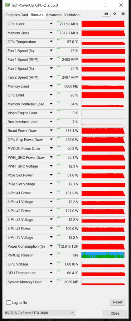MSI GeForce RTX 3080 SUPRIM X overclocked GPUz sensor data