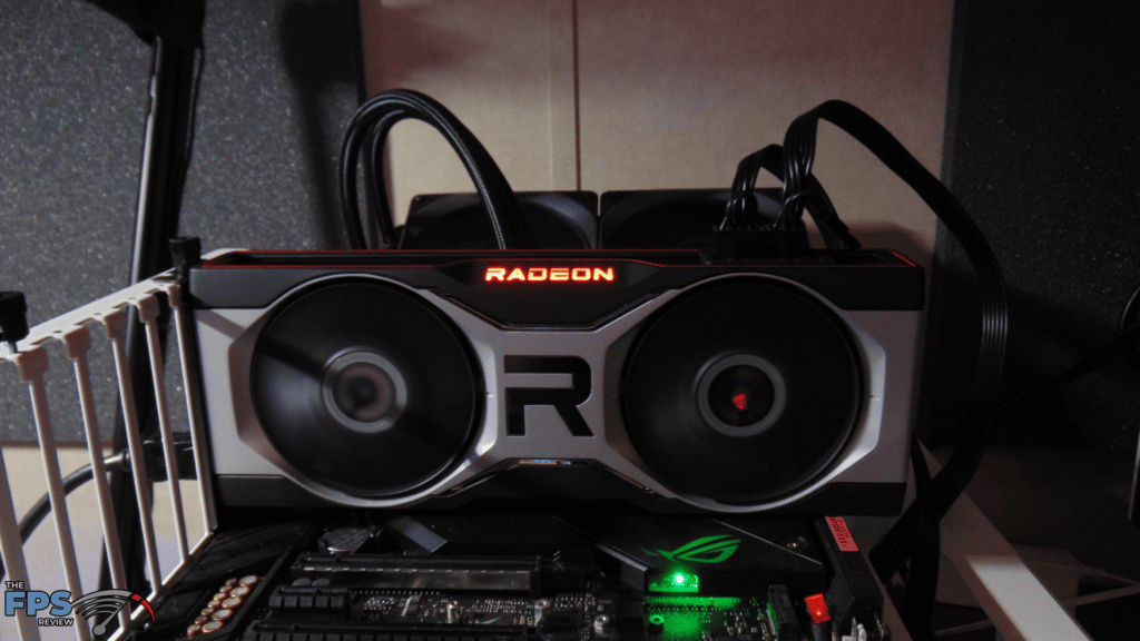 AMD Radeon RX 6700 XT Video Card installed in system radeon logo lit up red