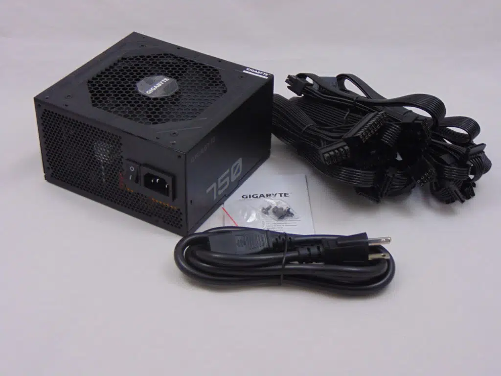 GIGABYTE P750GM 750W Power Supply Box Contents on Table