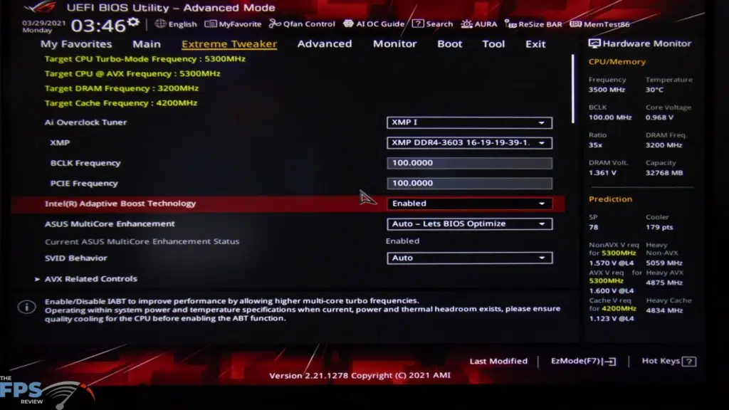ASUS ROG MAXIMUS XIII Hero BIOS Intel Adaptive Boost Technology Option