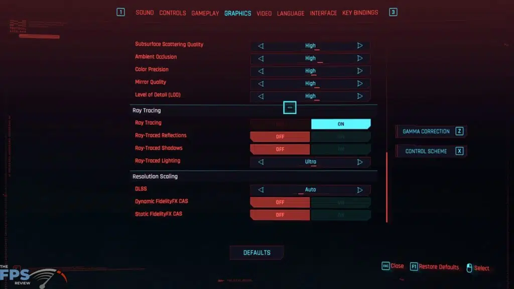 Cyberpunk 2077 Ray-Traced Lighting Graphics Menu