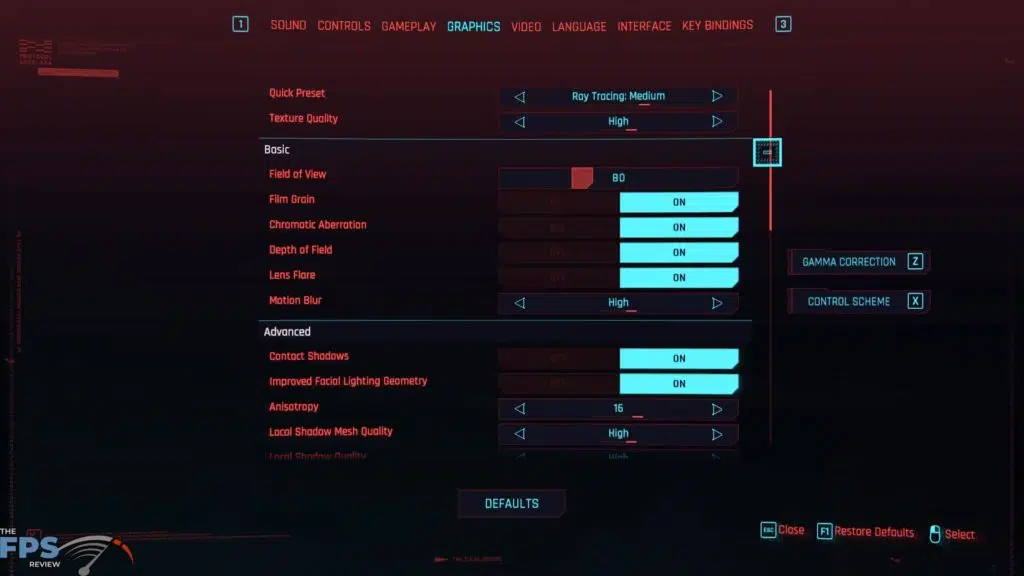 Cyberpunk 2077 Menu Graphics Settings Ray Tracing