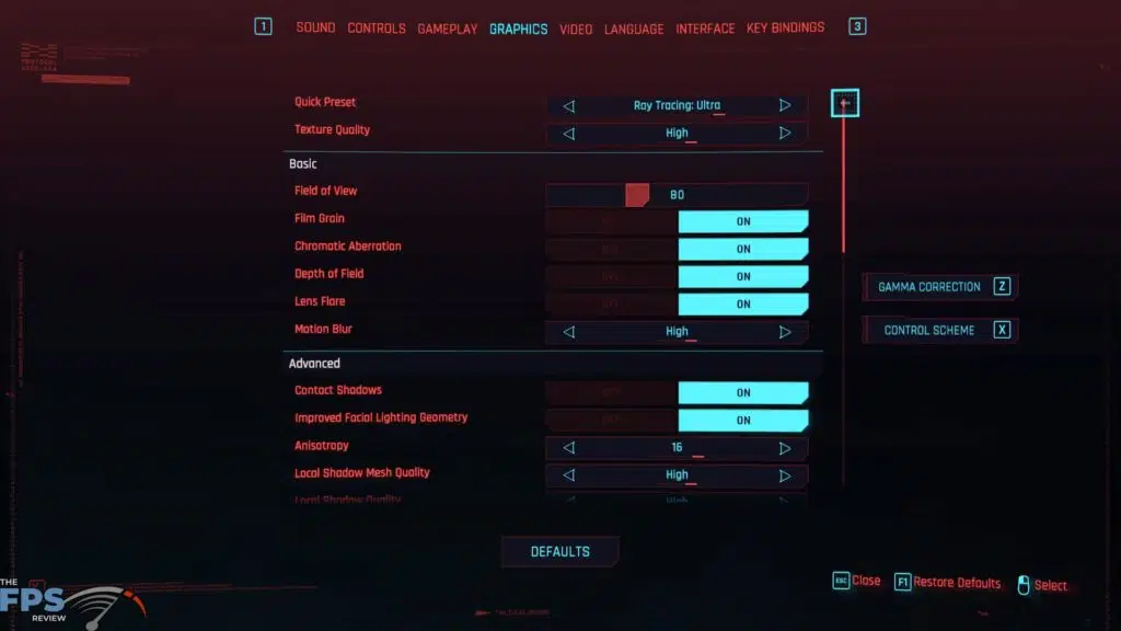 Cyberpunk 2077 Menu Graphics Settings Ray Tracing