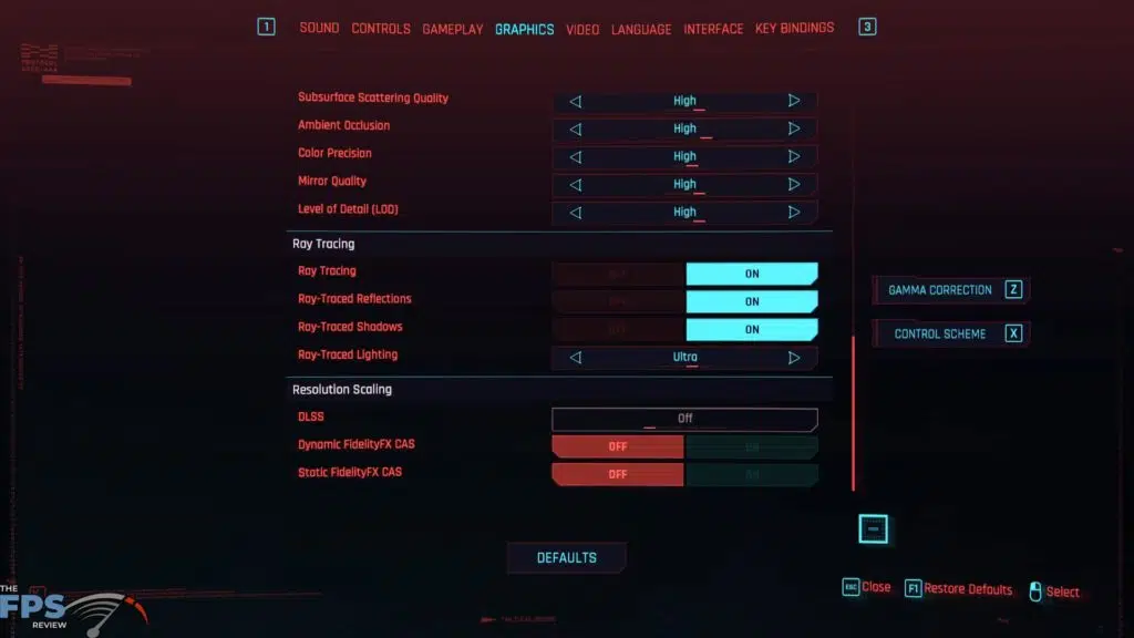 Cyberpunk 2077 Menu Graphics Settings Ray Tracing