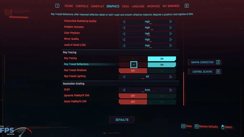 Cyberpunk 2077 Ray-Traced Reflections Graphics Menu