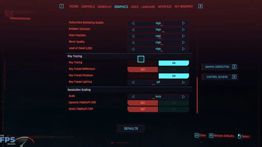 Cyberpunk 2077 Ray-Traced Shadows Graphics Menu