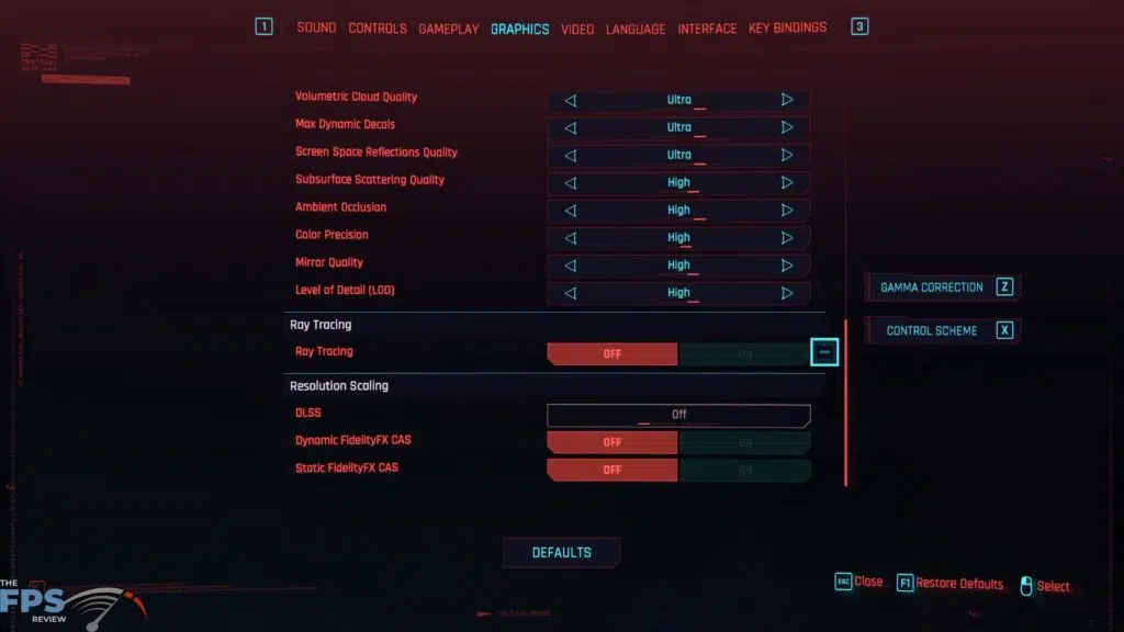 Cyberpunk 2077 Menu Graphics Settings
