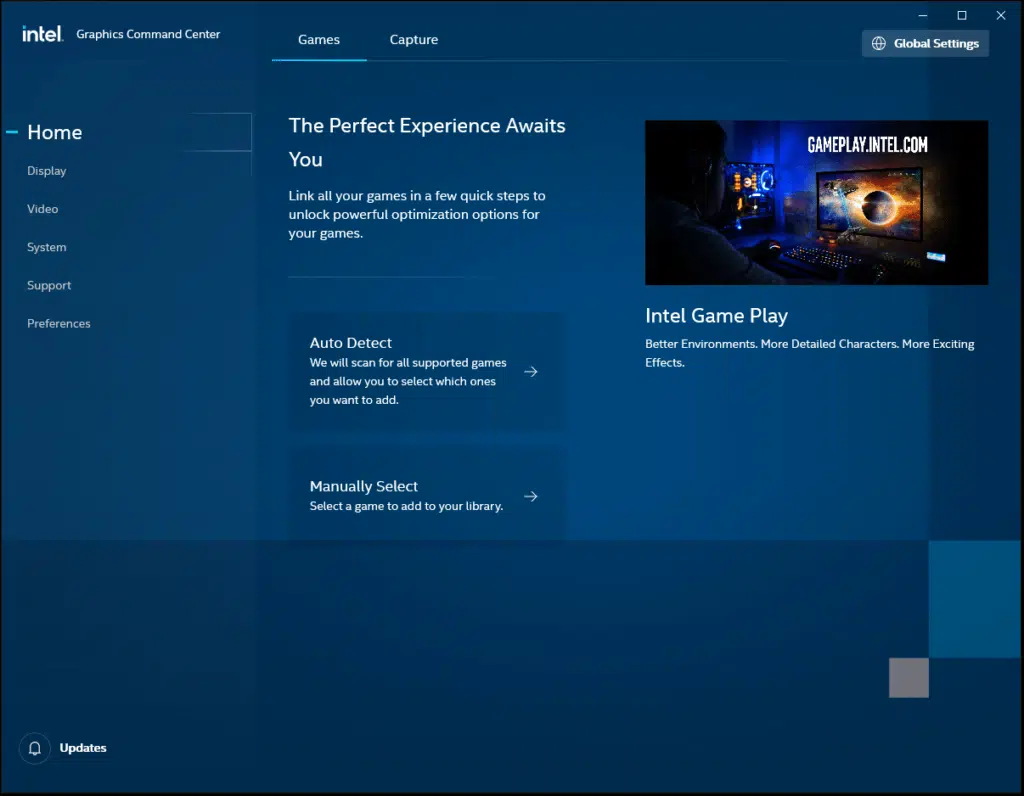 Intel Graphics Command Center Home Screen