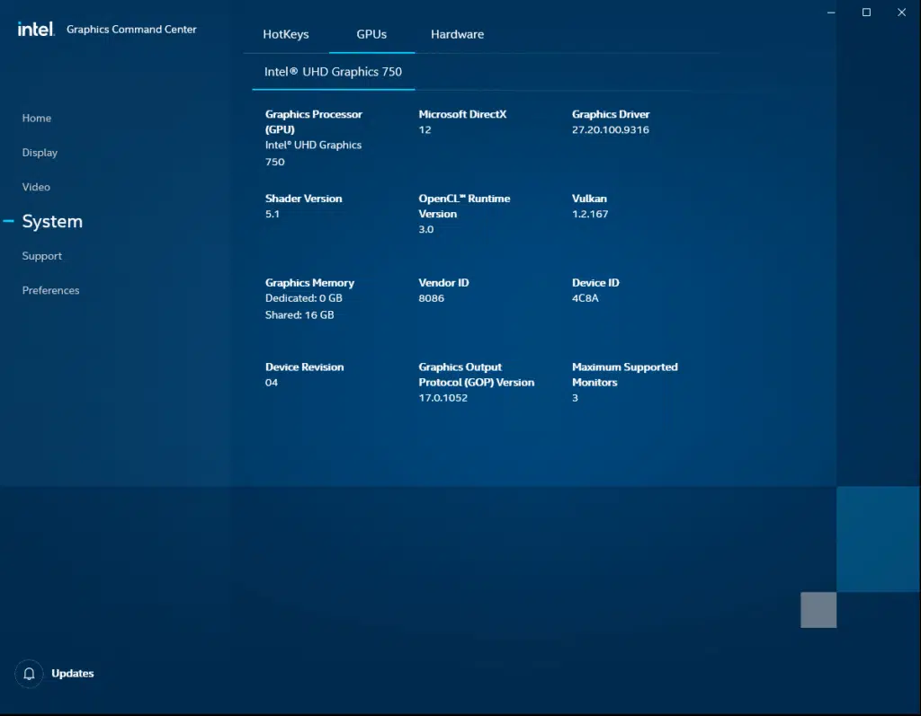 Intel Graphics Command Center System GPUs Intel UHD Graphics 750