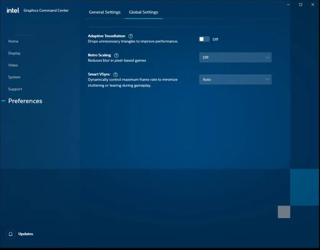 Intel Graphics Command Center Preferences Global Settings