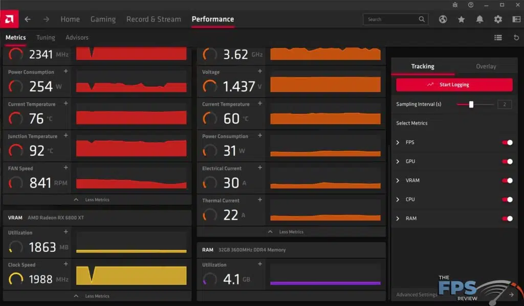 AMD Radeon Software Adrenalin 21.4.1 GPU and CPU and RAM Performance Metrics