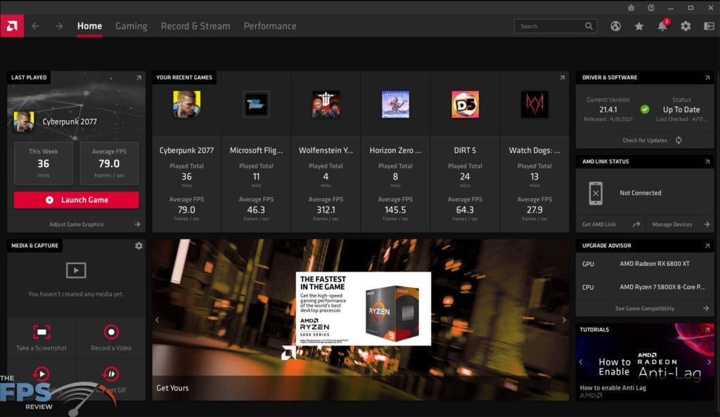 AMD Radeon Software Adrenalin 21.4.1 Home Screen