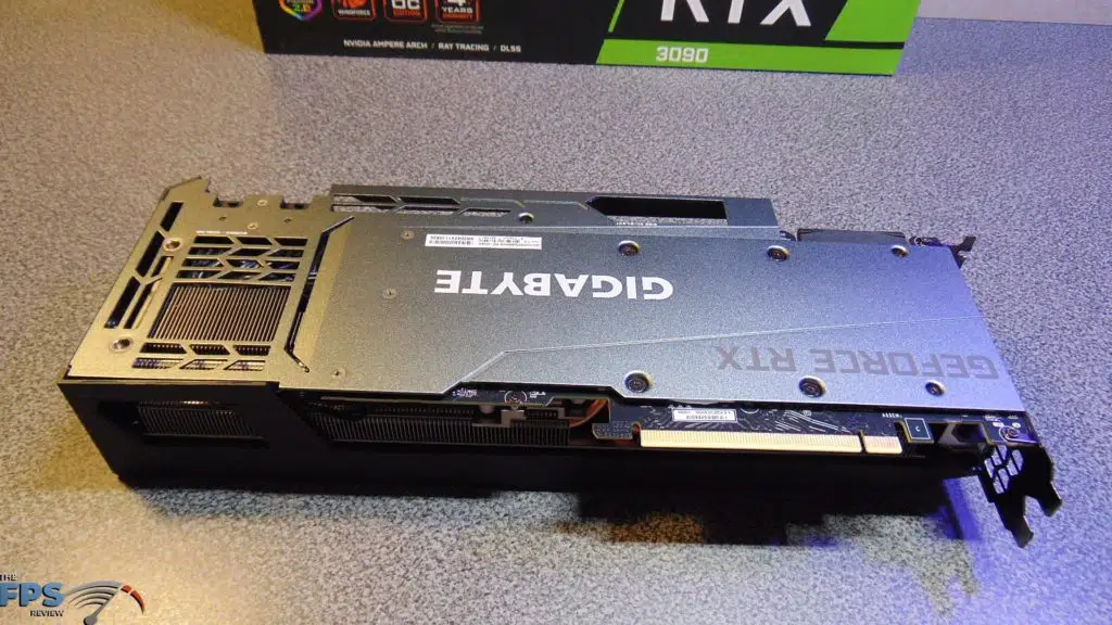 GIGABYTE GeForce RTX 3090 GAMING OC Back of Card on Table Upside Down