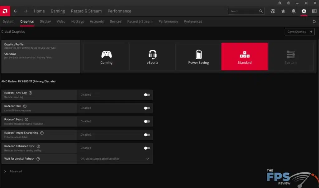 AMD Radeon Software Adrenalin 21.4.1 Standard Settings